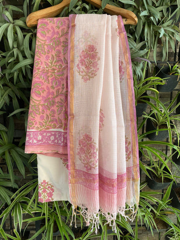 Linen Traditional Touch Bagru Hand Block Print Floral Design Cotton Suit  Material with Silver Border